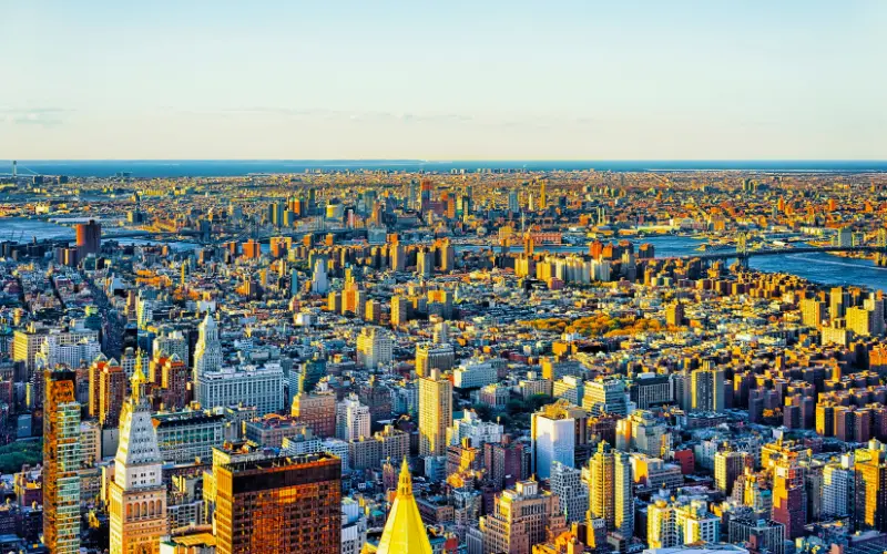 Aerial Panoramic East Village Downtown New York City New York City USA Williamsburg Bridge Brooklyn East River Manhattan 2