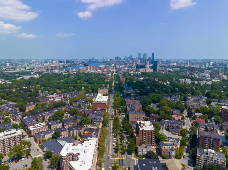 Aerial Skyline Boston Back Bay With John Hancock Tower Prudential Tower And Four Season Hotel From Coolidge Corner