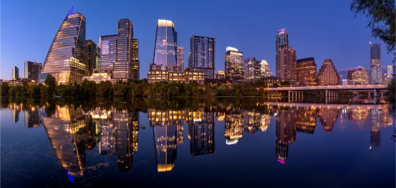 Austin Skyline Dusk Lady Bird Lake Reflections Downtown Texas USA Skyscrapers Panorama