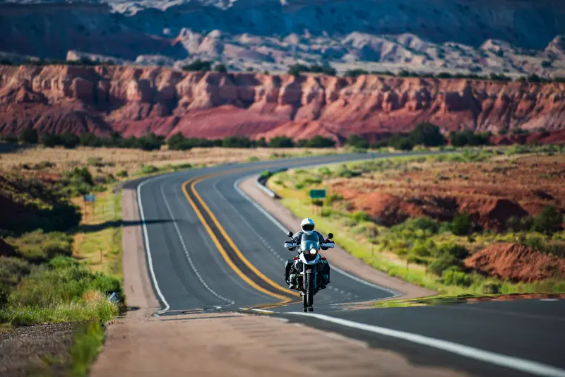 Biker Driving Motorbike Route 66 Arizona Panoramic Picture Road USA Natural American Landscape Asphalt Road Horizon