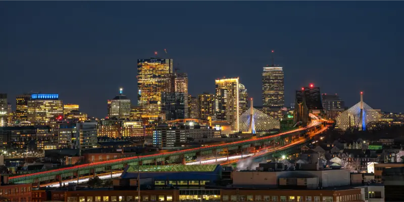 Boston Skyline And Zakim Bridge At Night