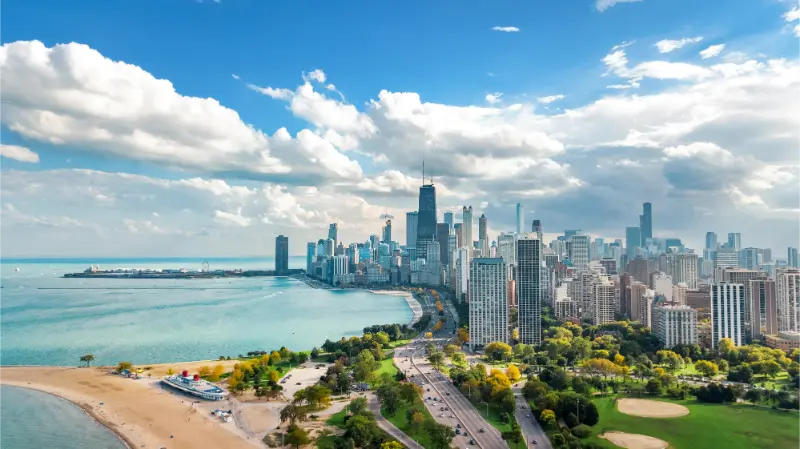 Chicago Skyline Aerial Drone Lake Michigan City Chicago Downtown Skyscrapers Cityscape Bird S Lincoln Park Illinois USA