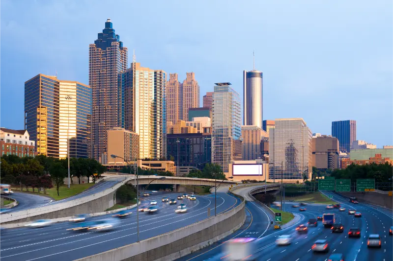 Cityscape Downtown Atlanta Sunset Traffic Freeway Georgia USA