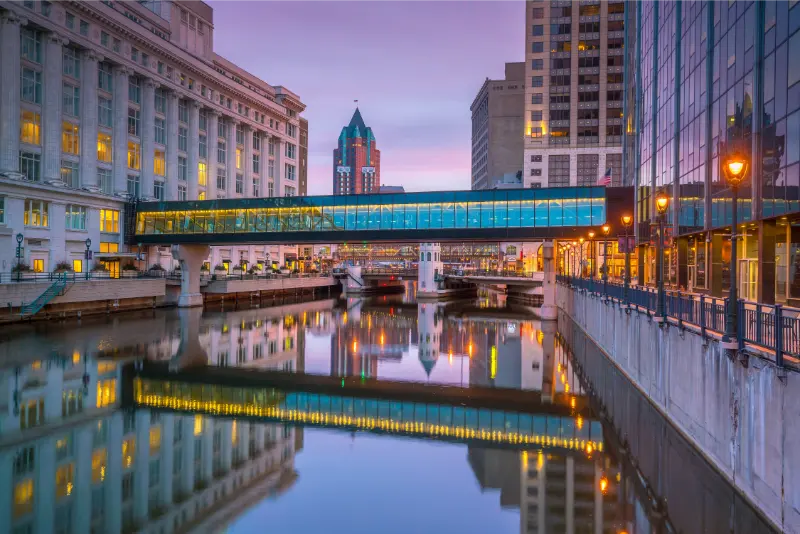 Downtown Skyline Buildings Milwaukee Twilight Wisconsin USA