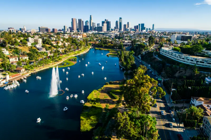 Echo Park And Background I Skyscrapers Los Angeles California USA