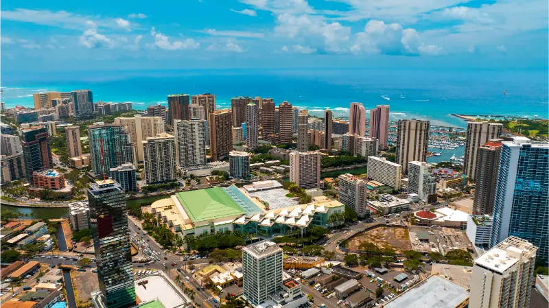 Honolulu Hawaii USA Highrise Buildings Waikiki Backdrop Turquoise Waterscape Aerial