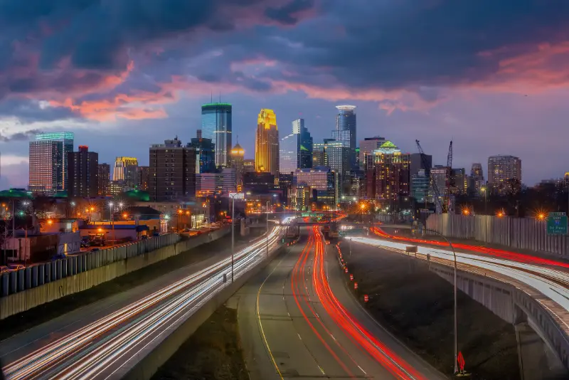 Minneapolis Downtown City Skyline Traffic Light Sunset USA