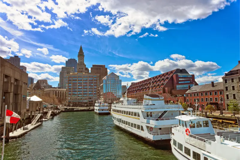 Moored Ships Harbor Skyline Boston USA City One Oldest USA Founded 1630 By Puritan Immigrants England