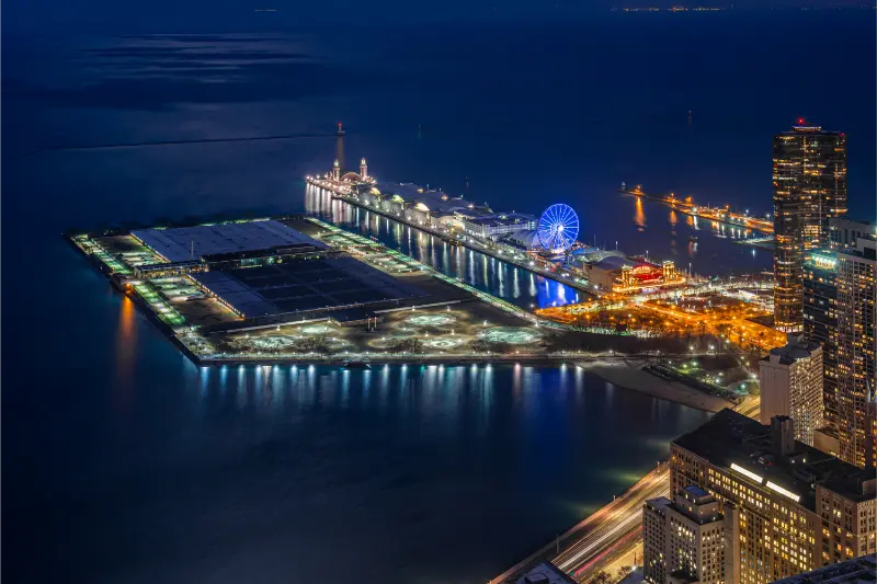 Navy Pier Twilight Time Along Lake Michigan Chicago Cityscape USA