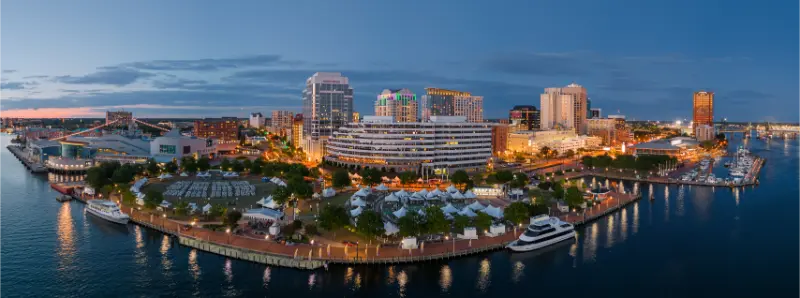 Norfolk Virginia USA Downtown City Skyline Dusk