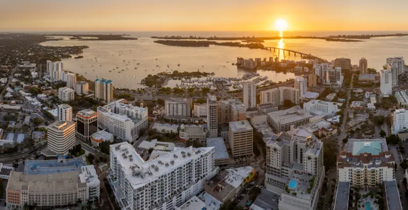 Sarasota Bay Marina Luxury Yachts Florida City Architecture Sunset Highrise Office Buildings Downtown District Real