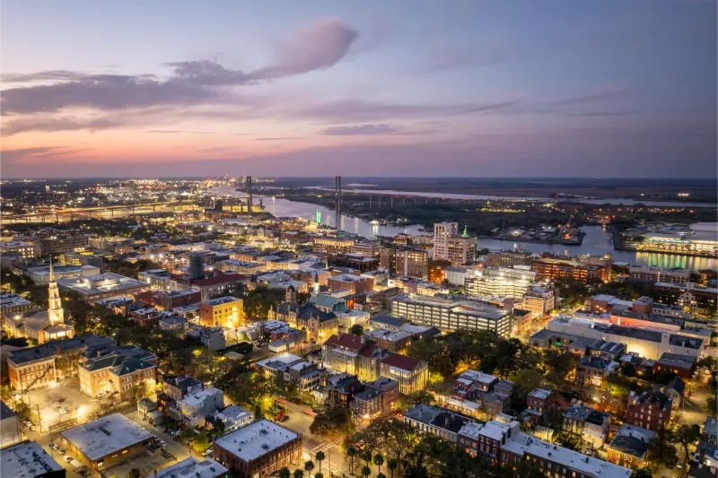 Savannah Georgia Historic American Architecture Old Historical City USA Southern Cityscape Sunset