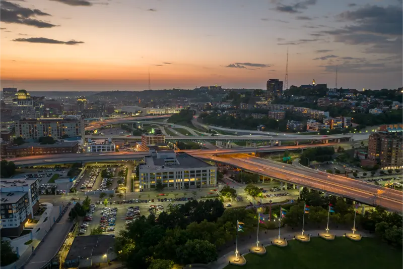 USA Transportation Aerial American Highway Junction Night Fast Driving Vehicles Cincinnati Ohio